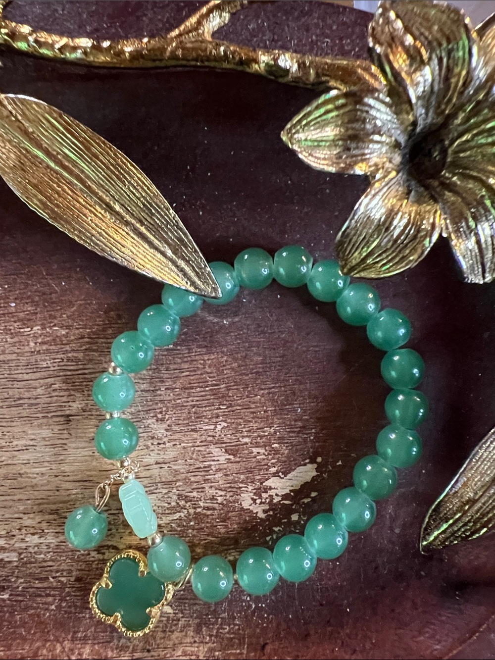 Green Beaded Clover Charm Bracelet